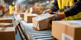 A worker picks a package from the conveyor system in a warehouse facility