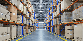 Long warehouse aisle lined with tall storage racks filled with boxed inventory and pallets.