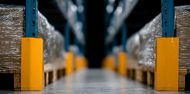Yellow column protectors keep two rows of pallet racks holding packages safe from damage