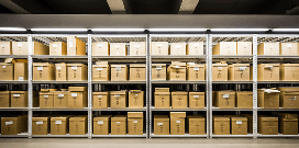 Rows of shelves holding packages lit by overhead lights in a warehouse
