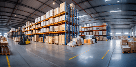 Rows of steel industrial shelving units holding inventory in a warehouse with a pallet jack in front of them