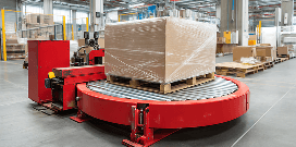 Pallet wrapped in plastic film on a rotary stretch wrapping machine inside a warehouse facility.