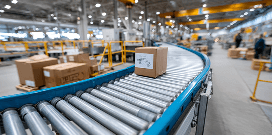 Cardboard box moving along a conveyor belt inside a modern warehouse distribution center.